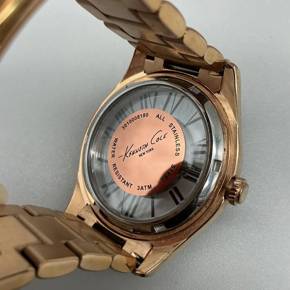 Kenneth Cole Womens Watch 40mm Rose Gold Dial Crystal Bezel New Battery 6.25